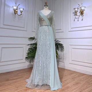 Luxury Dubai Aqua Mermaid Evening Dress: Chiffon Overskirt, Long Sleeves - Plus Size Formal Dresses for Women at Weddings