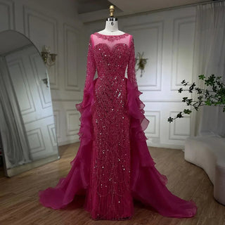 Ships in 1 to 3 Days - Fuchsia Mermaid Over Skirt Beaded Luxury Dubai Long Evening Dresses: Gowns for Women's Wedding Party 2024