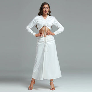 Ships in 1 to 3 Days - V-Neck White Maxi Dress with Long Sleeves - Ruched Tie Front Silk Dress for Women | Elegant Cut-Out Party & Casual Dress