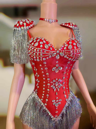 Glamorous Red Crystal-Fringe Showgirl Bodysuit