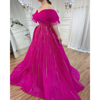 Fuchsia A-Line Luxury Evening Gown 2024: Boat Neck, Beaded for Women Party