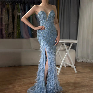 Ships in 1 to 3 Days - 2024 Arabic Strapless Blue Beaded Feathers Luxury Dubai Evening Gowns with Side Skirt for Women's Party