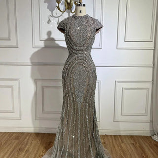 2024 Arabic Dubai Gray Nude Mermaid Floor-Length Beaded Luxury Evening Dress - Gown for Women's Wedding Party