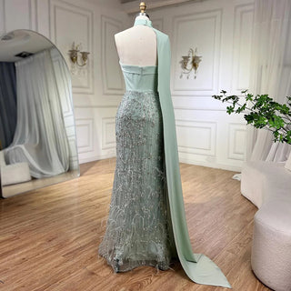 Sage Green Long Cape Cloak Mermaid Elegant Satin Beaded Feathers Evening Dress - Women's Party 2024