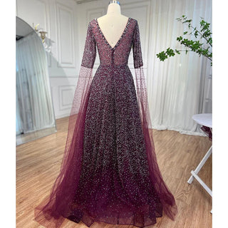 Arabic Purple A-Line Beaded Evening Dress with Cape Sleeves - Women's Wedding Party Gown 2024