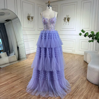 2024 Arabic Lilac Spaghetti Strap Tiered A-Line Lace Appliques Luxury Evening Gown for Women's Party