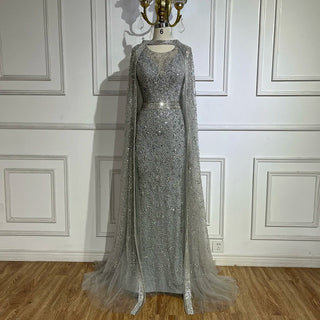 Ships in 1 to 3 Days - 2024 Luxury Dubai Gray Arabic Mermaid Beaded Evening Gown with Detachable Long Cape for Women's Party