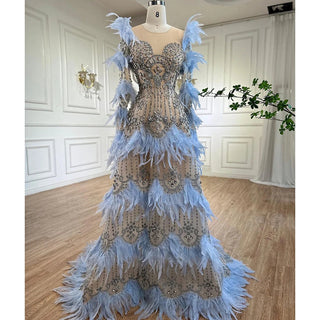 Blue Feathers Luxury Beaded A-Line Long Sleeves Evening Dress 2024 - Women's Formal Party Gown