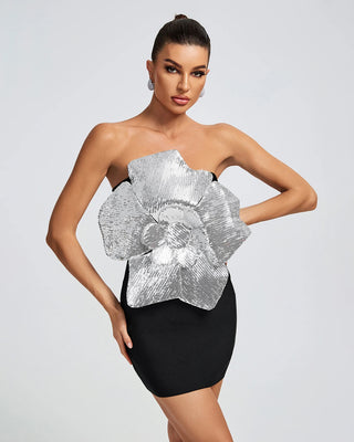 High-Quality Black Bandage Dress with Silver Big Flower - Sexy Formal Elegant Dress for Women