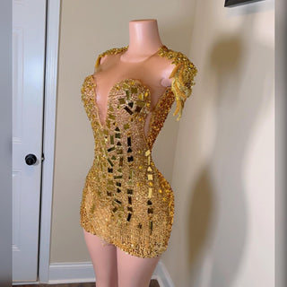 Luxurious Gold Mosaic Crystal Embellished Mini Dress with Dramatic Shoulders