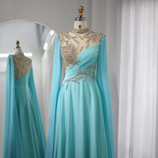 Luxury Crystal Turquoise Blue Evening Dress with Cap Sleeves: 2024 High Neck Arabic Women Wedding Party Dress