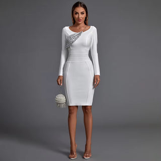 2024 Fall Women's Cut-Out White Long Sleeve Party Dress - Sequined Neckline with Shiny Chains Midi Bandage Dress