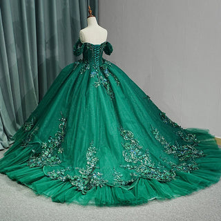 Luxury Dark Green Shiny Evening Formal Gowns Dresses With Long Tail