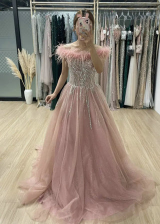 Ships in 1 to 3 Days - Exclusive Off-Shoulder Pink A-Line Evening Gown - Beaded Feathers Luxury Dress for Girls’ Birthday Parties in Dubai