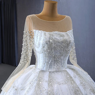 Illusion Long Sleeve Sequin Beaded Bridal Wedding Dress with Long Tail