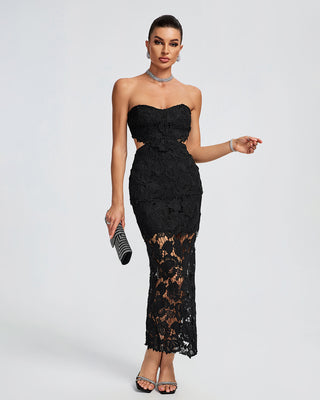 Ships in 1 to 3 Days -Elegant Black Strapless Lace Midi Dress with Sheer Detail