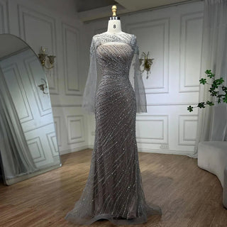 2024 Silver Nude Elegant Cloak Beaded Luxury Mermaid Evening Gown for Women's Wedding Party