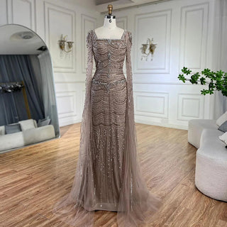 Ships in 1 to 3 Days: Arabic Caramel Mermaid Long Evening Dress with Beaded Cape Sleeves Gown for Women's Wedding Party 2024