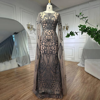 Brown Arabic Mermaid Elegant Cape Sleeves Evening Dresses Gowns 2024 Luxury Beaded for Women's Party