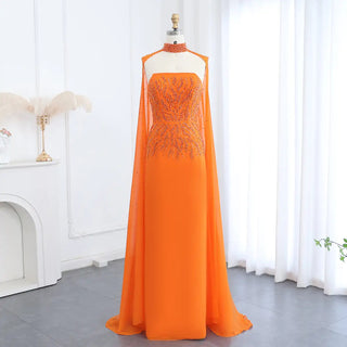 Arabic Orange Strapless Evening Dress with Cape Sleeve for Women, Luxury Dubai Formal Party Gowns