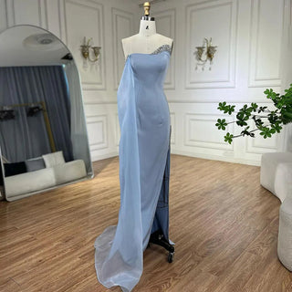 Blue Satin Mermaid One-Shoulder Evening Dress - Elegant Cap Sleeve Beaded Gown for Women's Party with High Slit