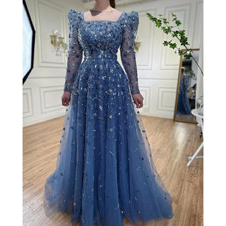 Ships in 1 to 3 Days - Blue Opulence: 2024 Muslim A-Line Evening Dress with Luxury Beading - Perfect for Women's Parties