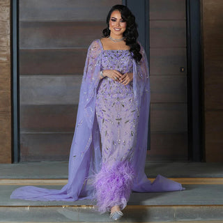 Dubai Luxury Lilac Evening Dress with Feathers and Cape Sleeves: Ankle Length Midi Elegance for Arabic Women's Wedding Party Gowns