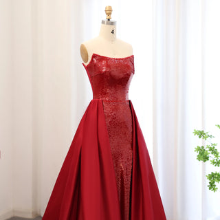 Sparkly Sequin Wine Red Mermaid Evening Dresses with Overskirt 2024 Elegant Women Wedding Gala Party Gowns