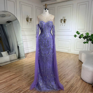 2024 Arabic Lilac Cape Sleeve Mermaid Luxury Dubai Evening Gown Beaded Dress for Women's Party