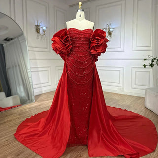 Ships in 2 to 5 Days - 2025 Customized Red Mermaid Evening Gown with Long Cape and Pearls Beaded Embellishments