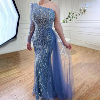 Grey One-Shoulder Mermaid Evening Gown with Beaded Feathers and Skirt for Women's Party 2024