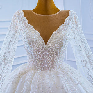 Latest Design V-Neck Long Sleeve Wedding Dress for Women