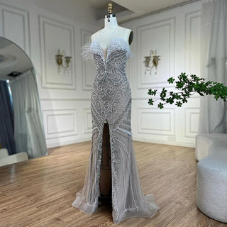 Luxury Dubai White Nude Strapless Mermaid Evening Dress - Pearls Beaded Gown for Women's Wedding Party