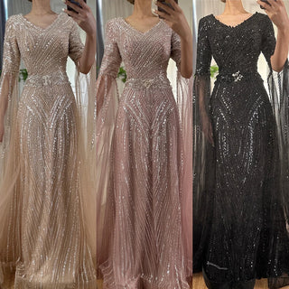 A-Line Beaded Arabic Evening Gown with Cape Sleeves – Ideal for Weddings & Special Occasions