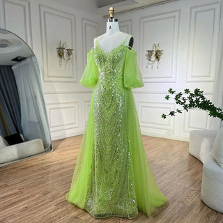 Arabic Lemon Spaghetti Strap Evening Gown Beaded Overskirt Luxury Dresses for Women's Wedding Party 2024