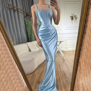 Saudi Blue Crystal Beaded Spaghetti Strap Mermaid Evening Dress Gown with Split for Formal Occasion