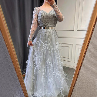 Luxury Grey A-Line Evening Dress with Long Sleeves and Feather Beaded Detail - Women's Party Gown 2024