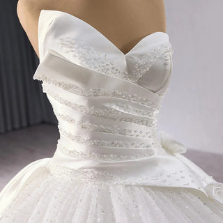 Beach Long Tail Satin Fabric Tulle Wedding Ball Gown Dress