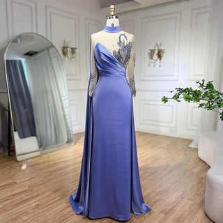 Arabic Blue Mermaid Elegant Cape Sleeves Beaded Satin Luxury Evening Dress - Women's Party 2024