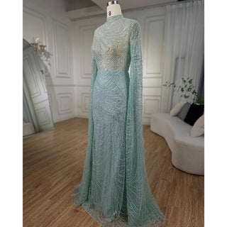 Mint Luxury Mermaid Muslim Evening Dress - 2024 Cape Sleeves Beaded Elegant Gowns for Women Wedding Party