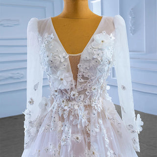 Illusion V-Neck Long Sleeve Wedding Dress with Appliqued Flowers