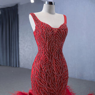 Vintage Red Sleeveless Feather Mermaid Evening Party Dresses