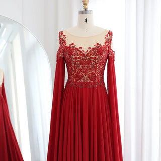 Beaded Wine Red Chiffon Evening Dress with Cape Sleeve for Women Wedding Dubai Formal Party Gowns