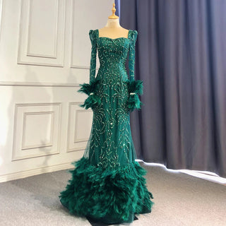 Green Elegant Mermaid Evening Dress: 2024 Beaded Feather Luxury for Women's Party