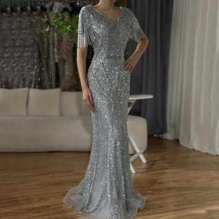 2024 Arabic Gray Mermaid Evening Gown with Beaded Tassel Detailing - Elegant Long Dress for Formal Occasions