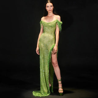 Ships in 1 to 3 Days - Arabic Green Crystal Luxury Dubai Evening Dresses Gowns High Slit Prom Dress for Women Wedding Party 2024