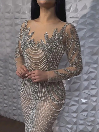 Luxury Crystal Pearls Dubai Nude Evening Dress - Long Sleeves Formal Prom Party Gown for Women's Wedding