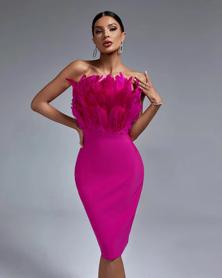 Elegant Slim Fit Strapless Midi Feather Cocktail Dress - Evening Bandage Dress for Women