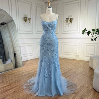 2024 Blue Mermaid Spaghetti Strap Beaded Luxury Evening Gown with Lace-Up Back for Women's Wedding Party