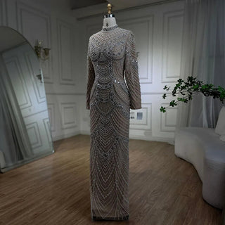 2024 Muslim Nude Elegant Mermaid High Split Beaded Luxury Evening Dress - Gown for Women's Wedding Party